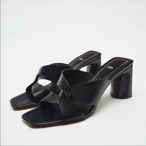 Zara black block heel leather sandal mule 8